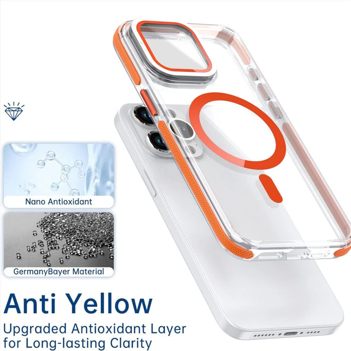 For iPhone 15 Pro Magnetic Case TPU Acrylic Clear Phone Back Cover with Lens Protector Kickstand - Orange - 5