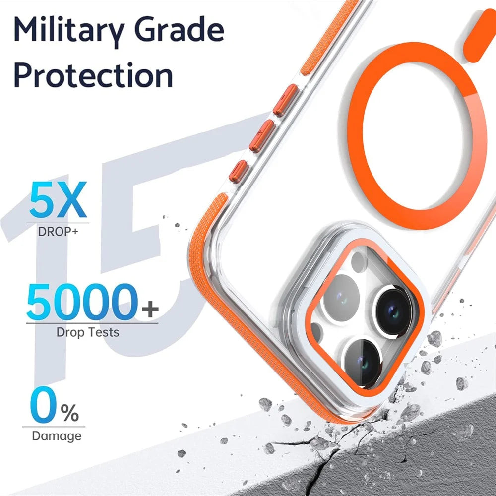 For iPhone 15 Pro Magnetic Case TPU Acrylic Clear Phone Back Cover with Lens Protector Kickstand - Orange - 7