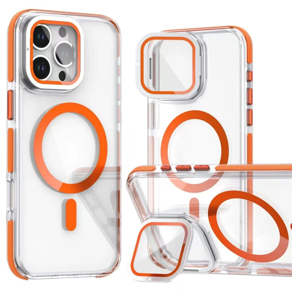 For iPhone 16 Pro Max Case Compatible with MagSafe TPU Acrylic Clear Phone Cover with Lens Cover Kickstand - Orange - 1