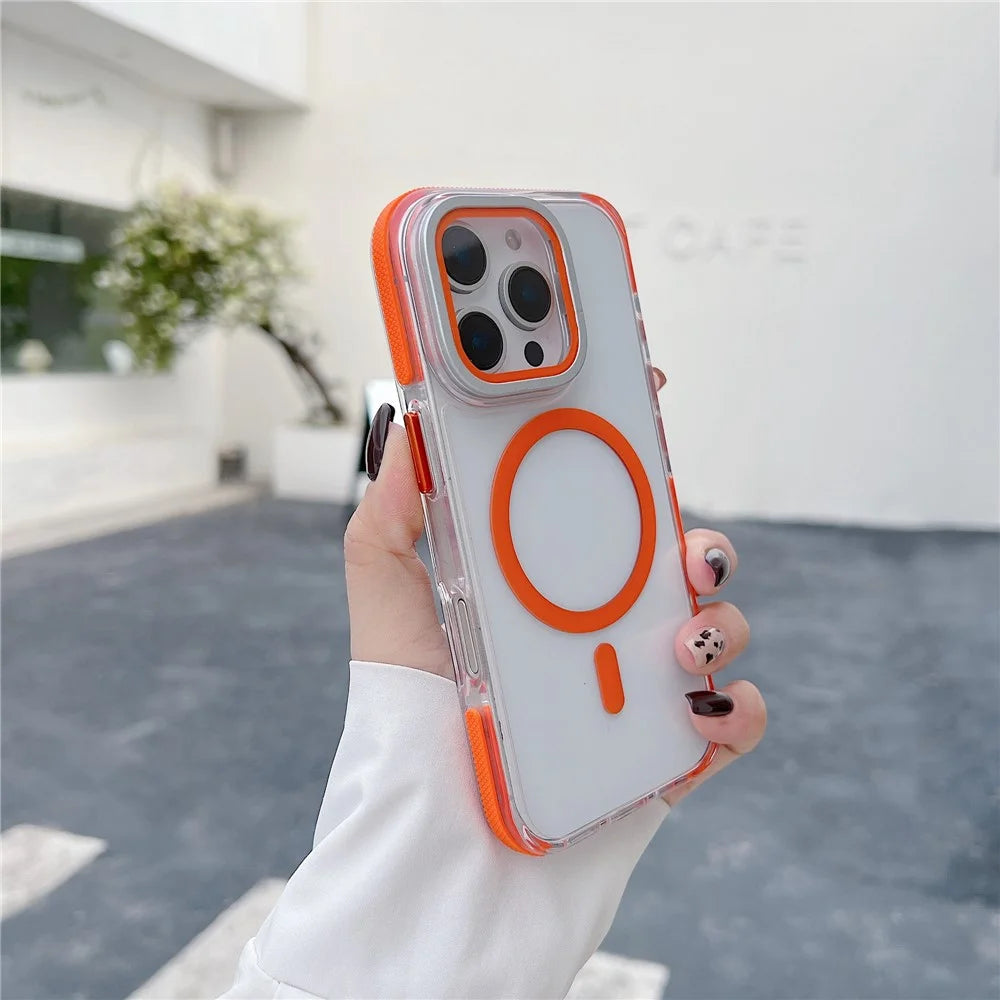 For iPhone 16 Pro Magnetic Case TPU Acrylic Clear Phone Back Cover with Lens Protector Kickstand - Orange - 2