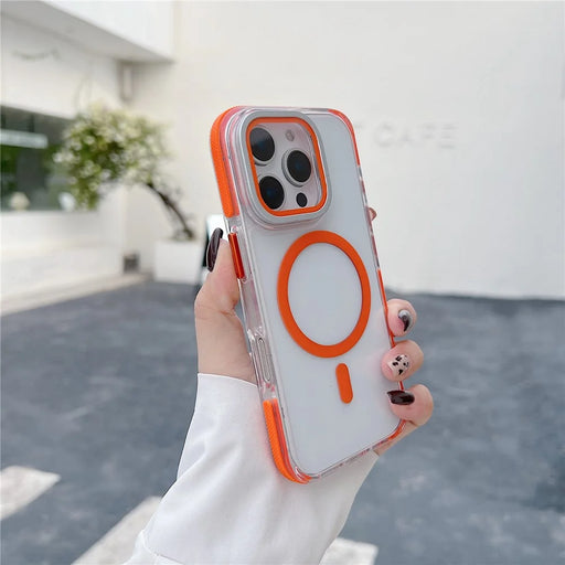 For iPhone 16 Pro Magnetic Case TPU Acrylic Clear Phone Back Cover with Lens Protector Kickstand - Orange - 2
