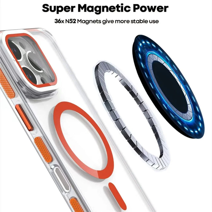 For iPhone 16 Pro Magnetic Case TPU Acrylic Clear Phone Back Cover with Lens Protector Kickstand - Orange - 4