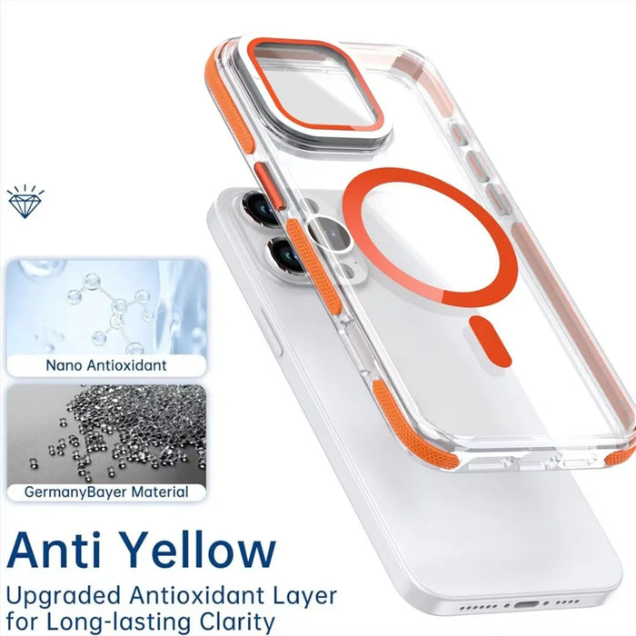 For iPhone 16 Pro Magnetic Case TPU Acrylic Clear Phone Back Cover with Lens Protector Kickstand - Orange - 5