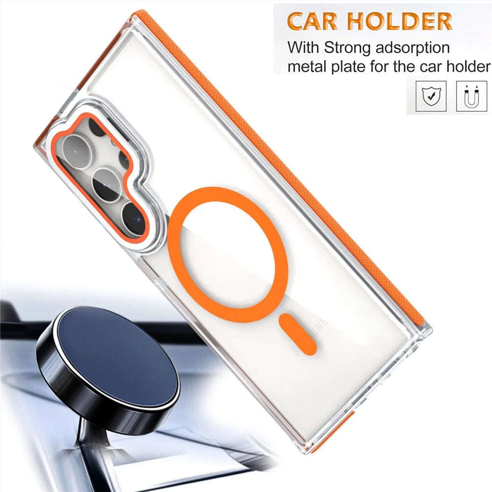 For Samsung Galaxy S25 Ultra Magnetic Case TPU Acrylic Clear Phone Back Cover with Lens Protector Kickstand - Orange - 3