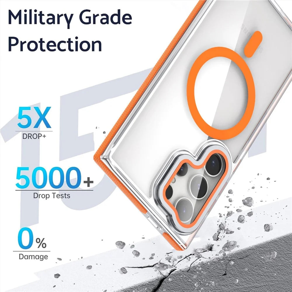For Samsung Galaxy S25 Ultra Magnetic Case TPU Acrylic Clear Phone Back Cover with Lens Protector Kickstand - Orange - 4