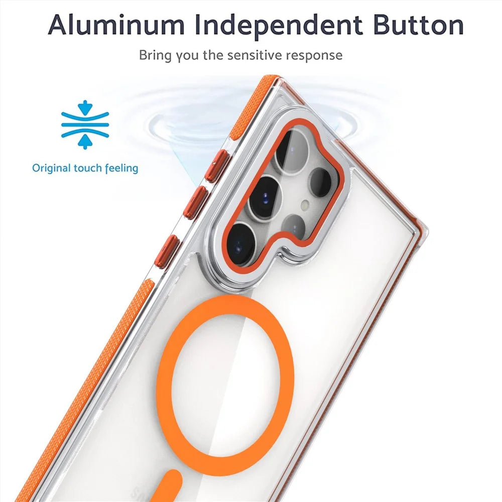 For Samsung Galaxy S25 Ultra Magnetic Case TPU Acrylic Clear Phone Back Cover with Lens Protector Kickstand - Orange - 5