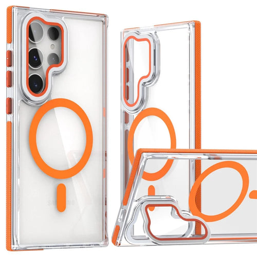 For Samsung Galaxy S24 Ultra Magnetic Case TPU Acrylic Clear Phone Back Cover with Lens Protector Kickstand - Orange - 1