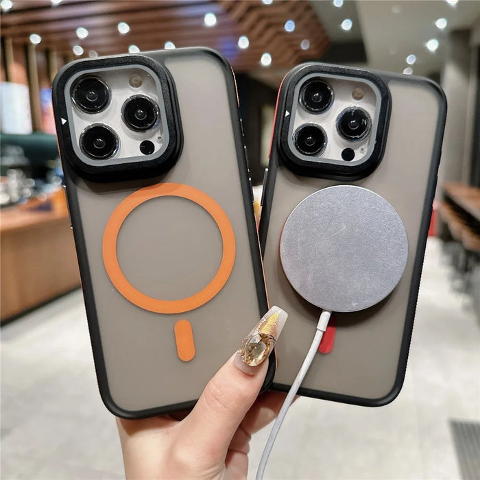 For iPhone 15 Pro Max Magnetic Case Skin-Touch TPU Acrylic Phone Back Cover with Lens Protector Kickstand - Orange - 4