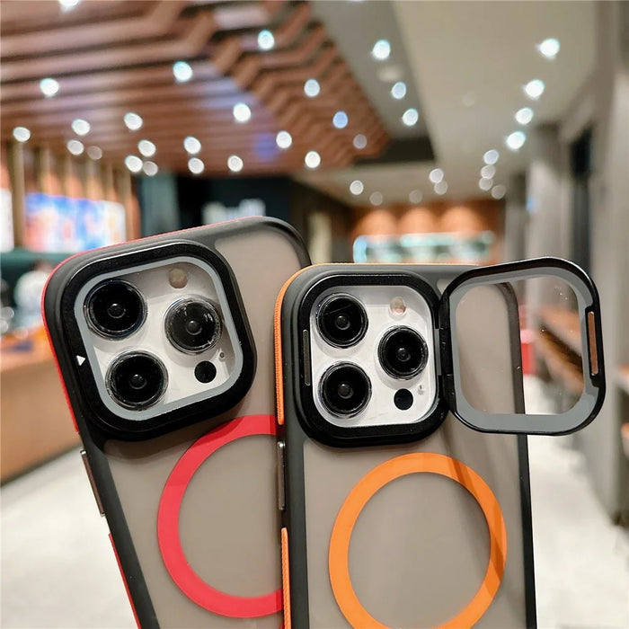 For iPhone 15 Pro Max Magnetic Case Skin-Touch TPU Acrylic Phone Back Cover with Lens Protector Kickstand - Orange - 5