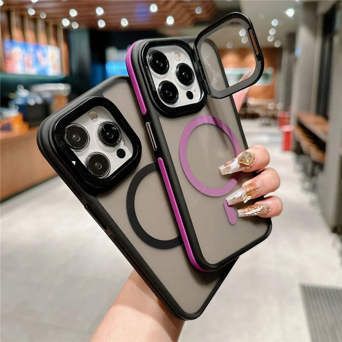 For iPhone 15 Pro Max Magnetic Case Skin-Touch TPU Acrylic Phone Back Cover with Lens Protector Kickstand - Orange - 7