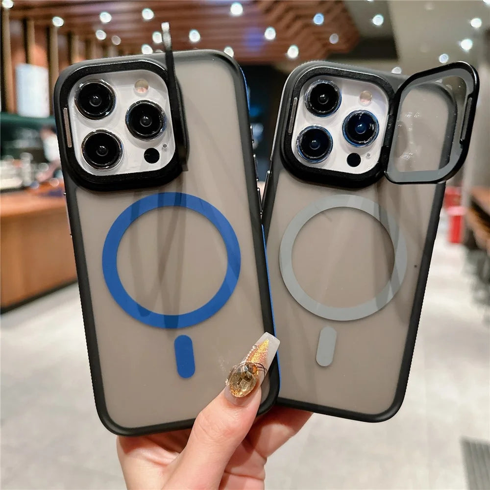 For iPhone 15 Pro Magnetic Case Skin-Touch TPU Acrylic Phone Back Cover with Lens Protector Kickstand - Orange - 3