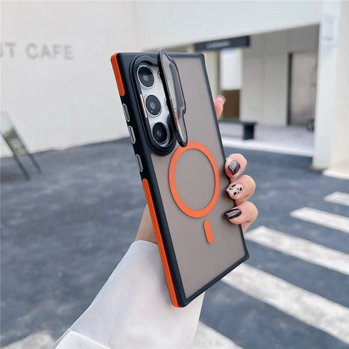 For Samsung Galaxy S25 Ultra Magnetic Case Skin-Touch TPU Acrylic Phone Back Cover with Lens Protector Kickstand - Orange - 1