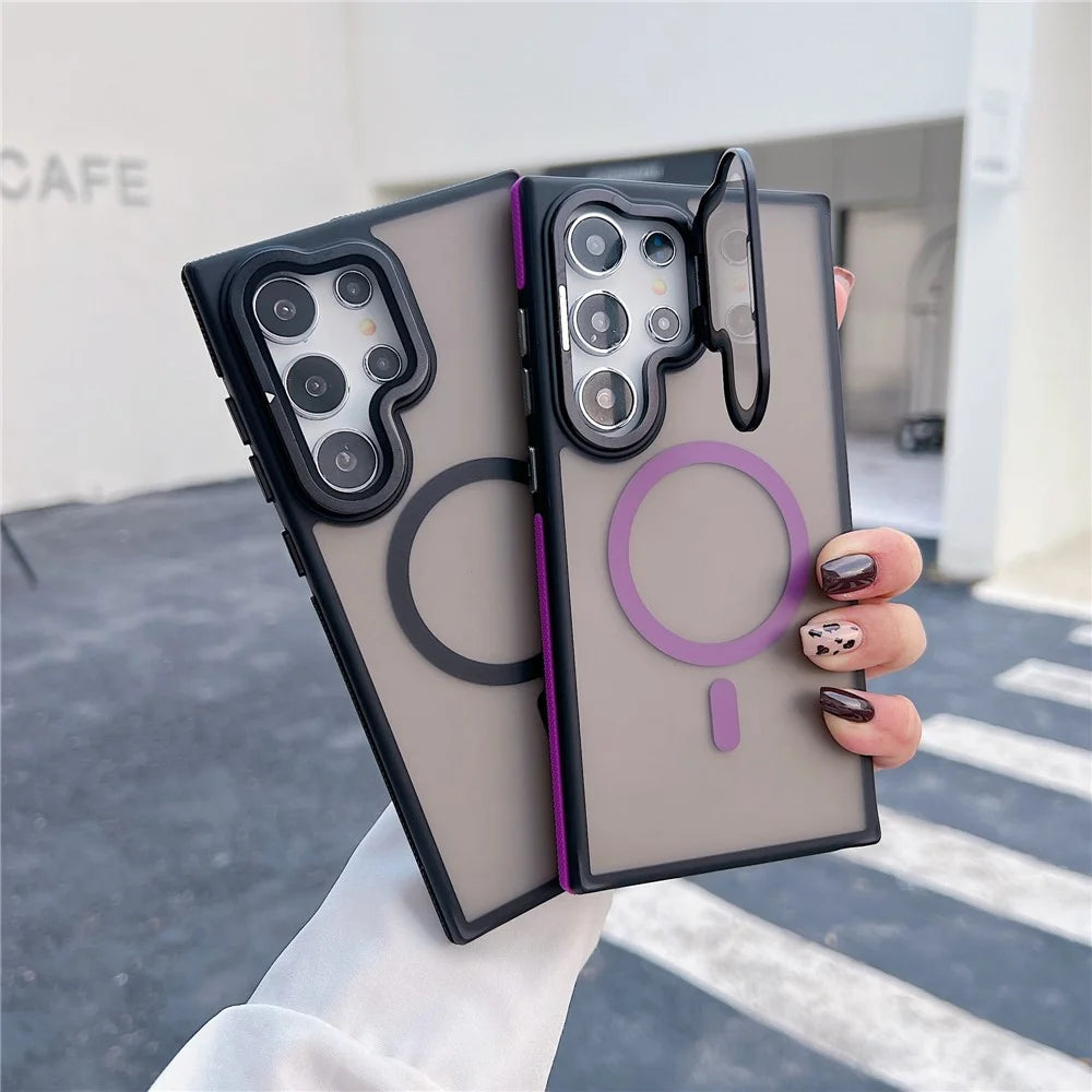 For Samsung Galaxy S24 Ultra Magnetic Case Skin-Touch TPU Acrylic Phone Back Cover with Lens Protector Kickstand - Orange - 3