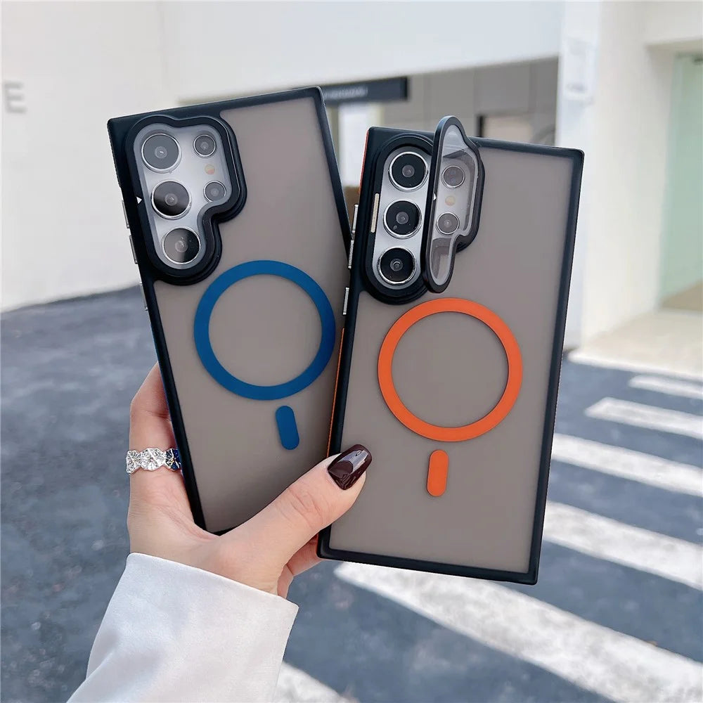 For Samsung Galaxy S24 Ultra Magnetic Case Skin-Touch TPU Acrylic Phone Back Cover with Lens Protector Kickstand - Orange - 5