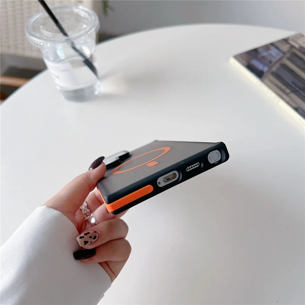 For Samsung Galaxy S24 Ultra Magnetic Case Skin-Touch TPU Acrylic Phone Back Cover with Lens Protector Kickstand - Orange - 6