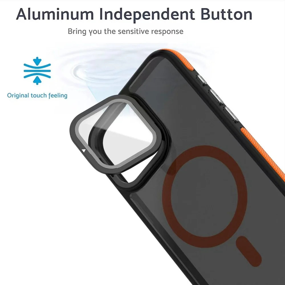 For iPhone 16 Pro Max Magnetic Case Skin-Touch TPU Acrylic Phone Back Cover with Lens Protector Kickstand - Orange - 2