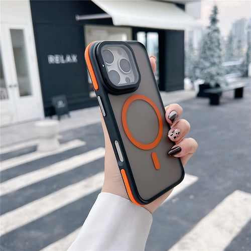 For iPhone 16 Pro Magnetic Case Skin-Touch TPU Acrylic Phone Back Cover with Lens Protector Kickstand - Orange - 1