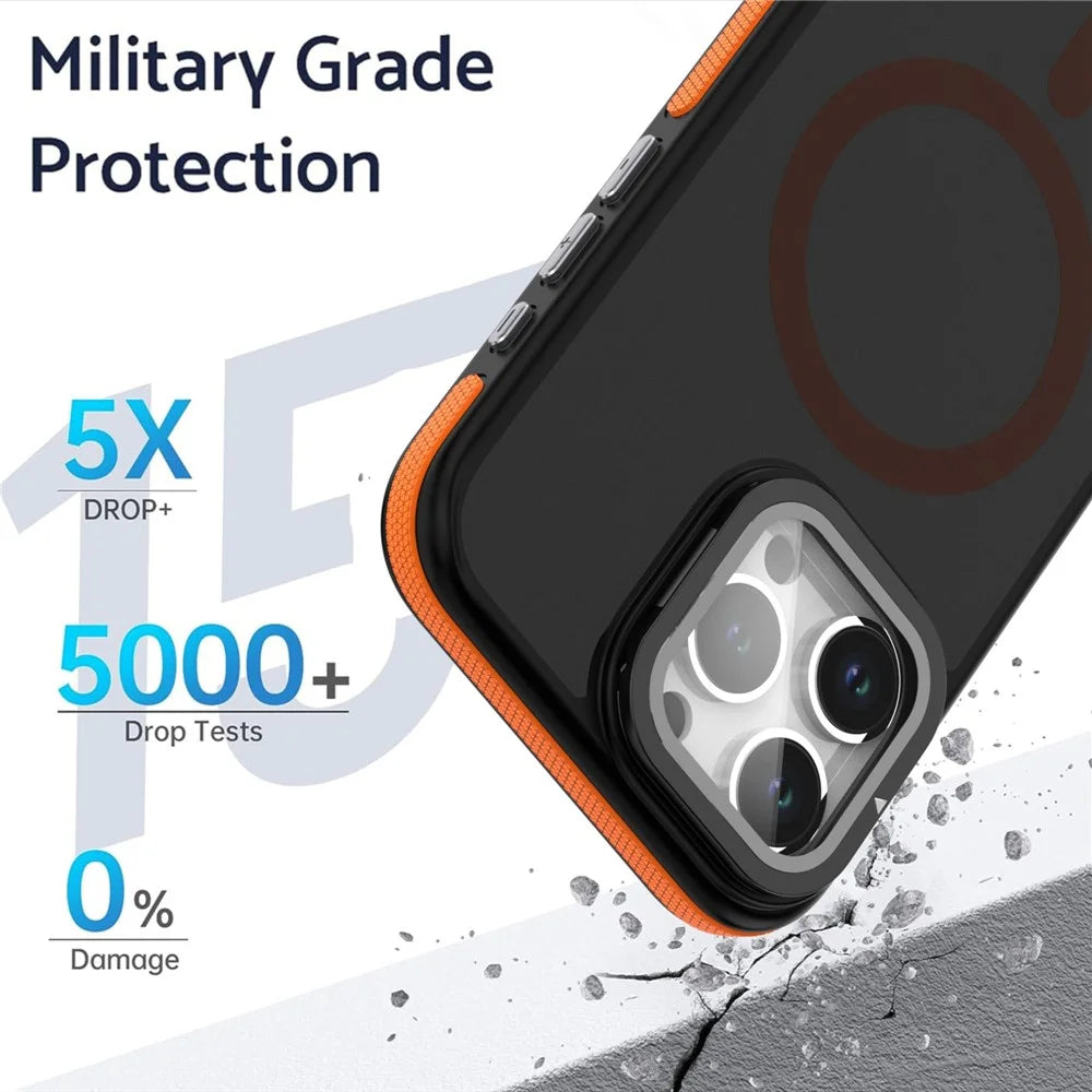 For iPhone 16 Pro Magnetic Case Skin-Touch TPU Acrylic Phone Back Cover with Lens Protector Kickstand - Orange - 3