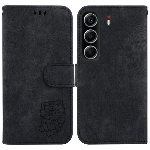 For TECNO Camon 40 4G Wallet Case Tiger Imprint Leather Shockproof Phone Cover with Wrist Strap - Black - 1