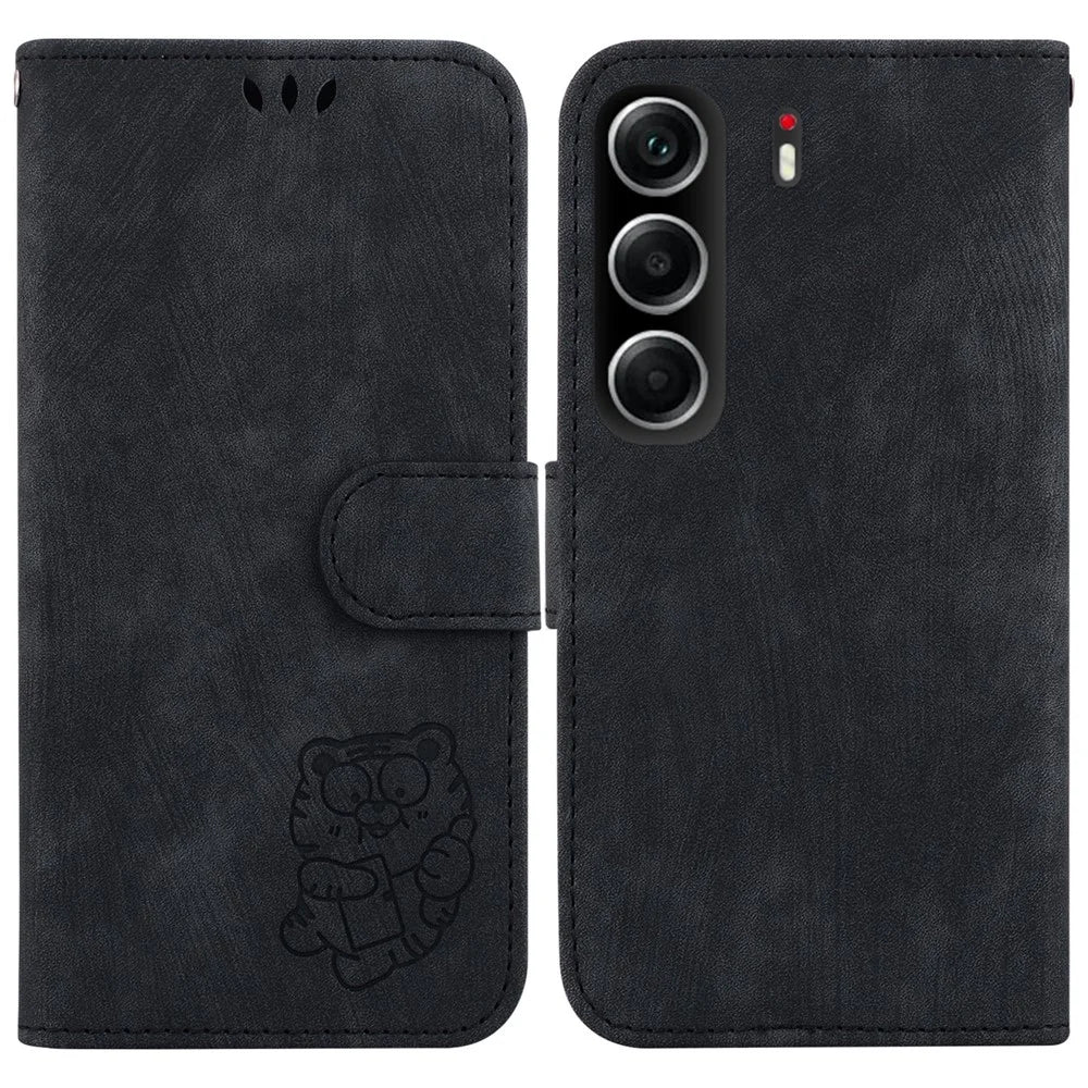 For TECNO Camon 40 4G Wallet Case Tiger Imprint Leather Shockproof Phone Cover with Wrist Strap - Black - 1