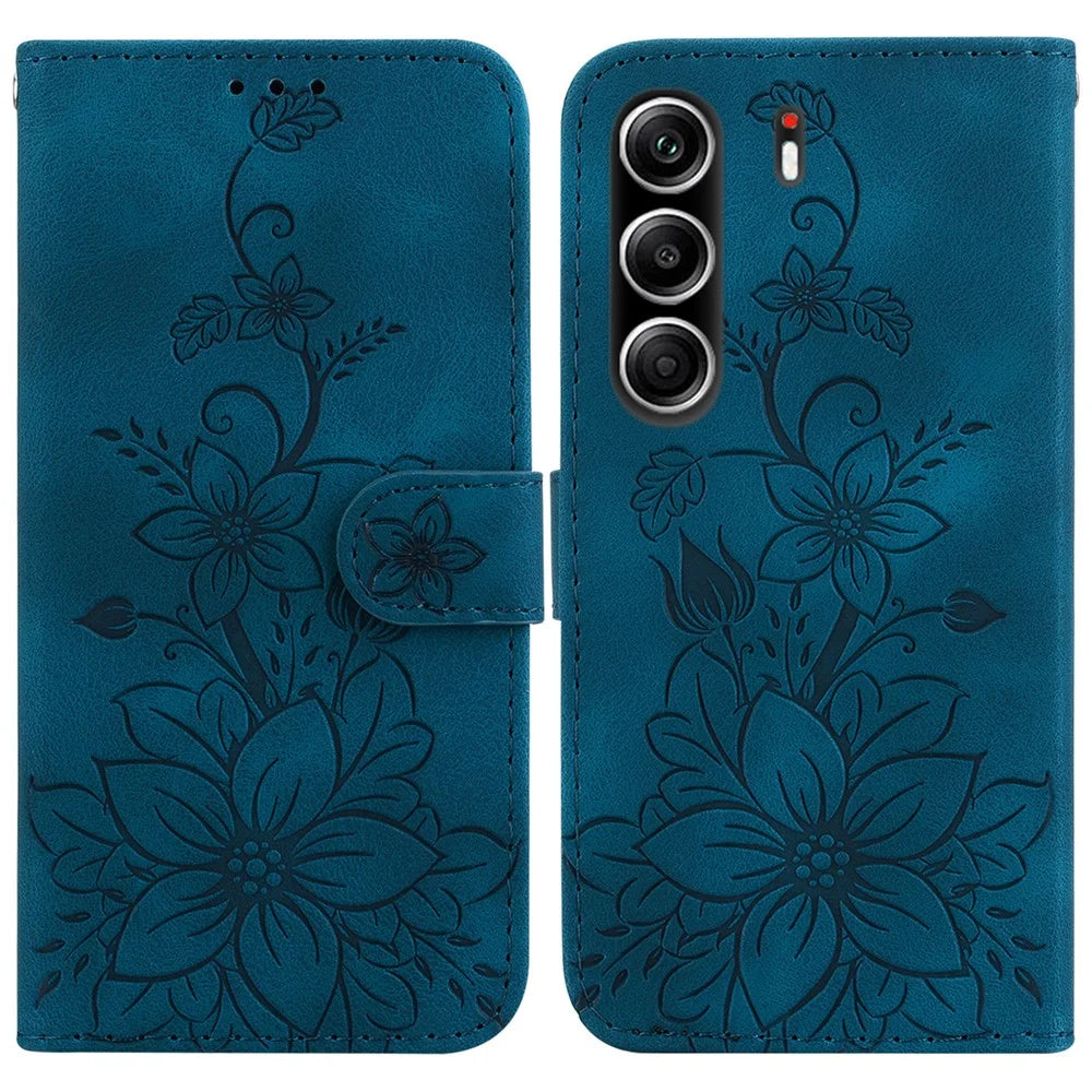 For TECNO Camon 40 Pro 5G  /  4G Stand Case Lily Flower Imprint Leather Phone Cover with Wrist Strap - Dark Blue - 1