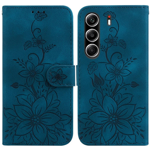 For TECNO Camon 40 Pro 5G  /  4G Stand Case Lily Flower Imprint Leather Phone Cover with Wrist Strap - Dark Blue - 1