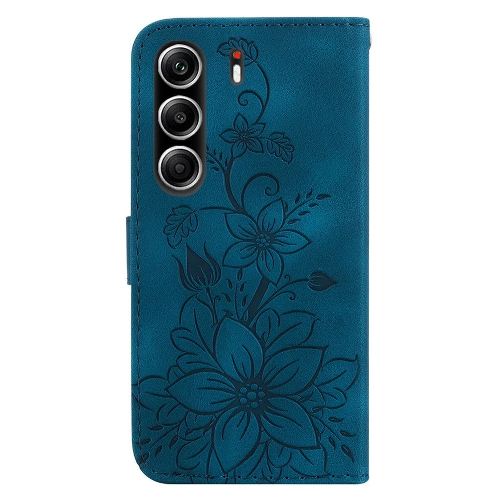 For TECNO Camon 40 Pro 5G  /  4G Stand Case Lily Flower Imprint Leather Phone Cover with Wrist Strap - Dark Blue - 7