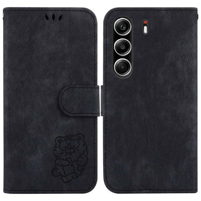 For TECNO Camon 40 Pro 5G  /  4G Wallet Case Tiger Imprint Leather Shockproof Phone Cover with Wrist Strap - Black - 1