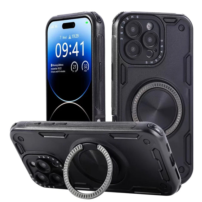 For iPhone 16 Pro Max Case Ring Kickstand PC + TPU Shockproof Phone Back Cover - Black - 1