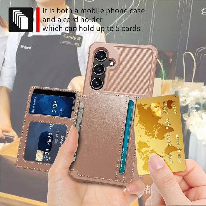 For Samsung Galaxy S24 FE Case with Card Holder PU Leather + TPU Phone Back Cover - Pink - 5