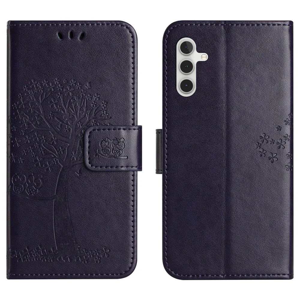 For Samsung Galaxy A56 5G / M56 5G Case PU Leather Owl Tree Imprinted Wallet Phone Cover with Strap - Dark Blue - 1