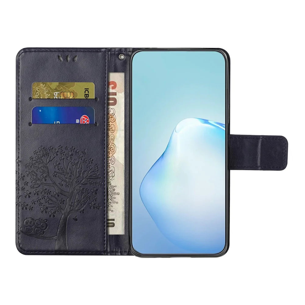 For Samsung Galaxy A56 5G / M56 5G Case PU Leather Owl Tree Imprinted Wallet Phone Cover with Strap - Dark Blue - 2