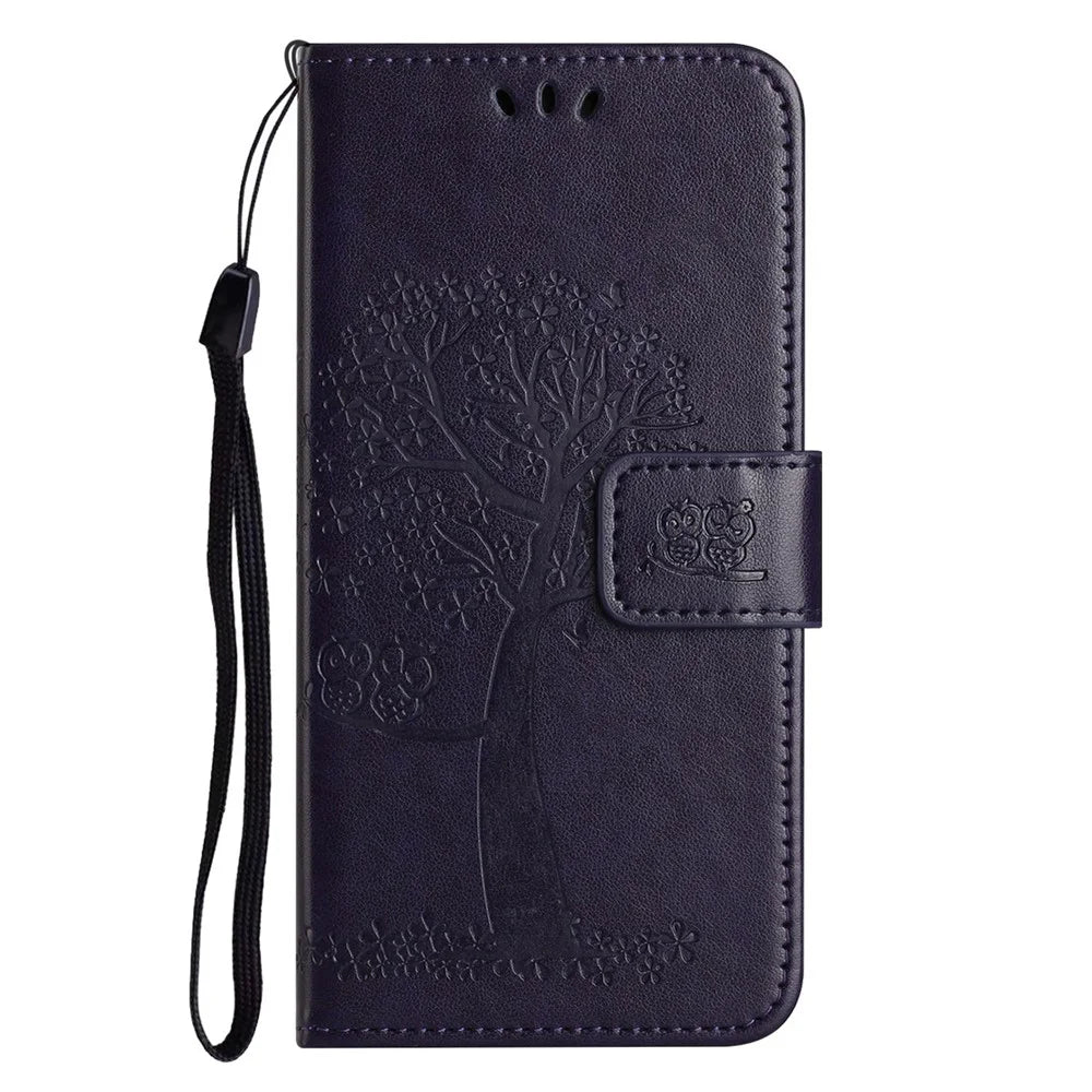 For Samsung Galaxy A56 5G / M56 5G Case PU Leather Owl Tree Imprinted Wallet Phone Cover with Strap - Dark Blue - 4