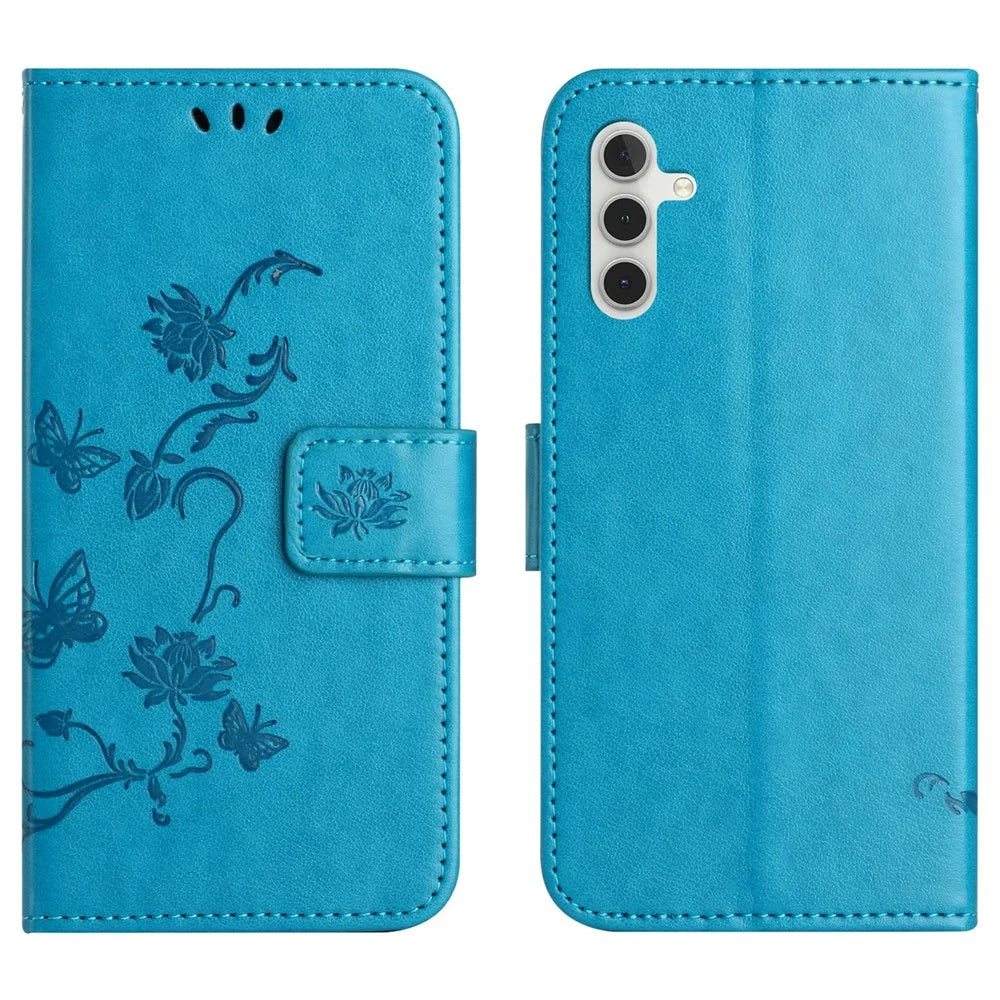 For Samsung Galaxy A56 5G / M56 5G Case Wallet Stand Imprinted Butterfly Flower PU Leather Phone Cover - Blue - 1