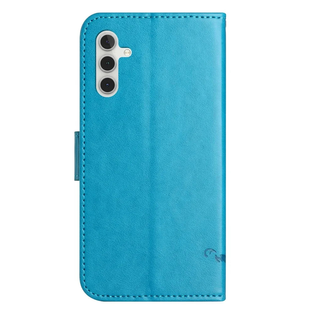 For Samsung Galaxy A56 5G / M56 5G Case Wallet Stand Imprinted Butterfly Flower PU Leather Phone Cover - Blue - 5