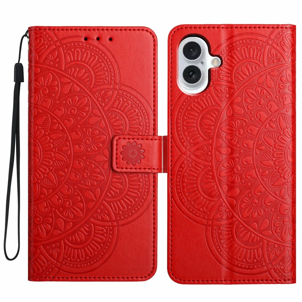 For iPhone 17 Leather Case with Strap / Card Slots Mandala Pattern Stand Phone Cover - Red - 1