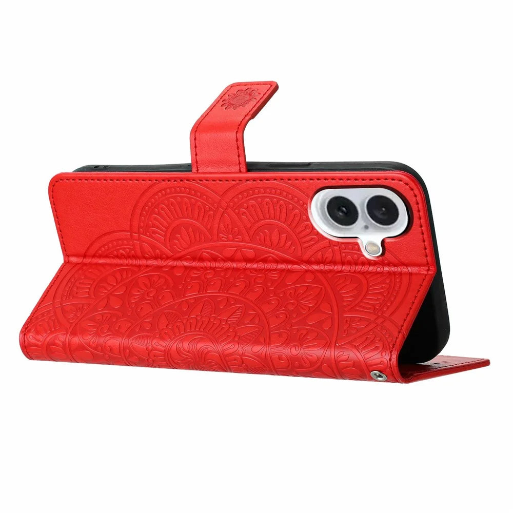For iPhone 17 Leather Case with Strap / Card Slots Mandala Pattern Stand Phone Cover - Red - 4
