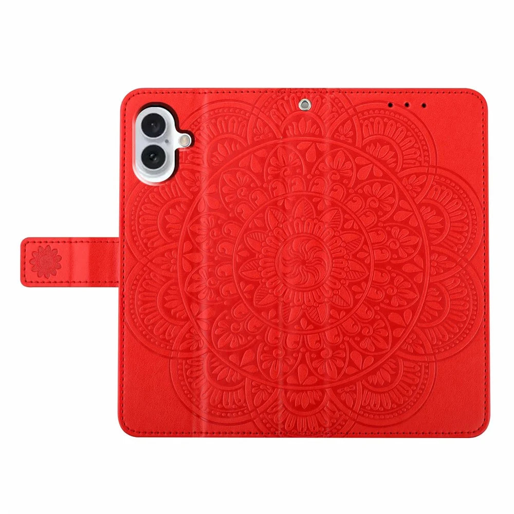 For iPhone 17 Leather Case with Strap / Card Slots Mandala Pattern Stand Phone Cover - Red - 5