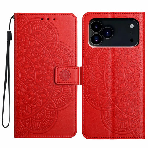 For iPhone 18 Pro / 17 Pro Leather Case with Card Slots Mandala Pattern Phone Cover Stand - Red - 1