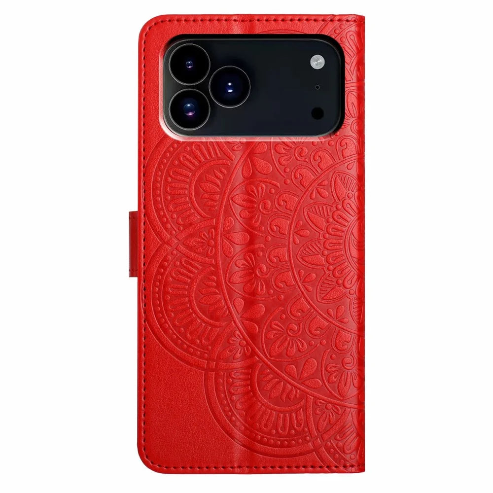 For iPhone 18 Pro / 17 Pro Leather Case with Card Slots Mandala Pattern Phone Cover Stand - Red - 7