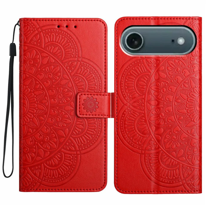 For iPhone Air Leather Case with Strap / Card Slots Mandala Pattern Stand Phone Cover - Red - 1