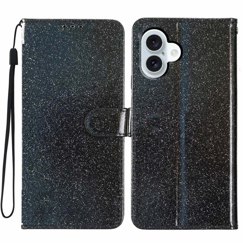 For iPhone 17 Wallet Case Glitter Anti-Scratch Leather Stand Phone Cover with Strap - Black - 1