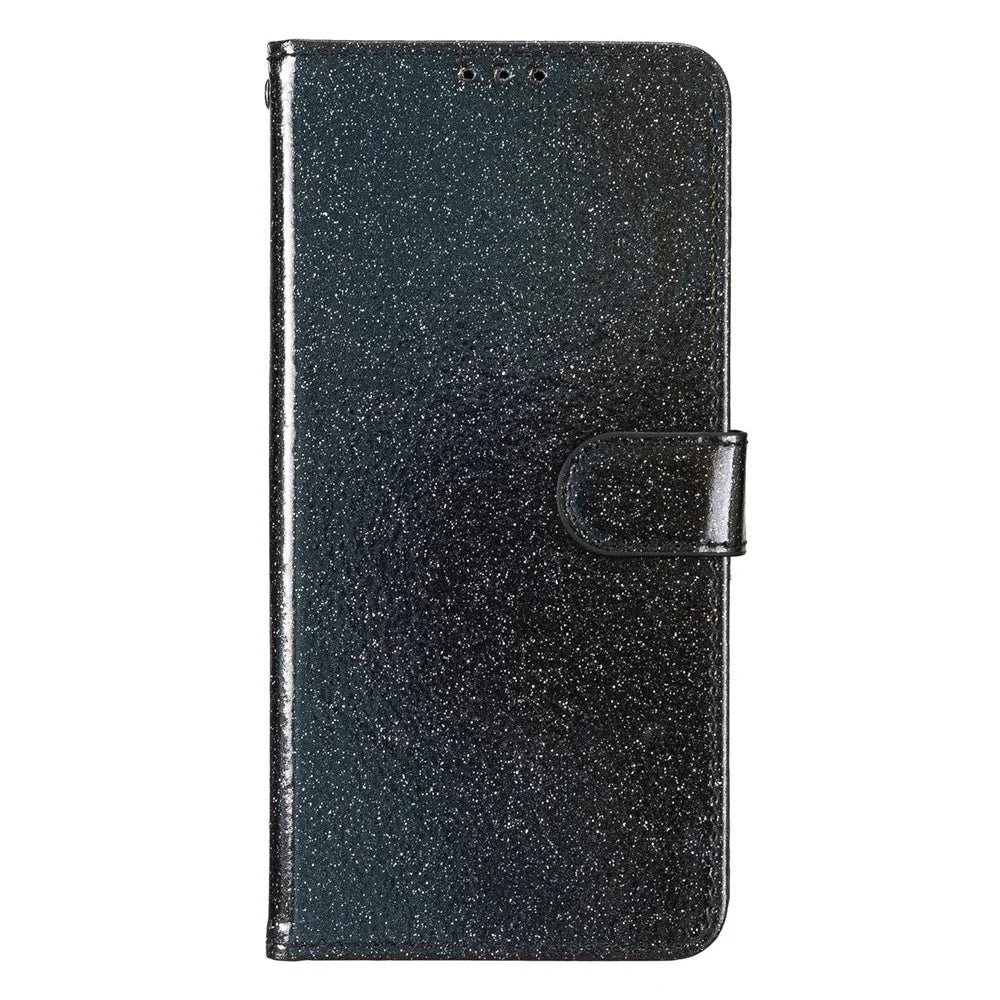For iPhone 17 Wallet Case Glitter Anti-Scratch Leather Stand Phone Cover with Strap - Black - 5