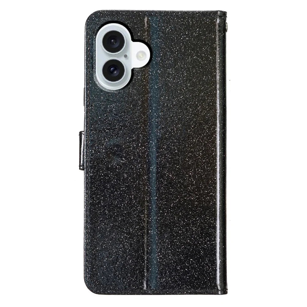 For iPhone 17 Wallet Case Glitter Anti-Scratch Leather Stand Phone Cover with Strap - Black - 6