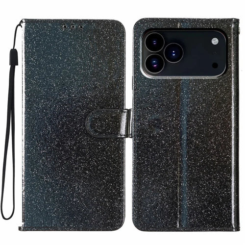 For iPhone 18 Pro / 17 Pro Wallet Case Glitter Anti-Scratch Leather Stand Phone Cover with Strap - Black - 1