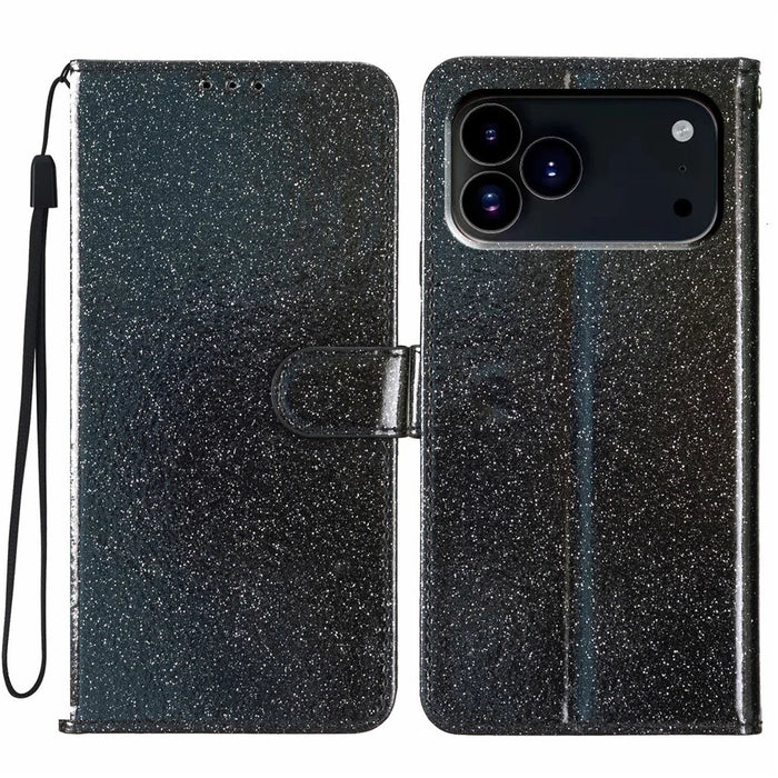 For iPhone 18 Pro / 17 Pro Wallet Case Glitter Anti-Scratch Leather Stand Phone Cover with Strap - Black - 1