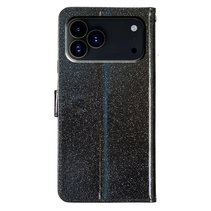 For iPhone 18 Pro / 17 Pro Wallet Case Glitter Anti-Scratch Leather Stand Phone Cover with Strap - Black - 6