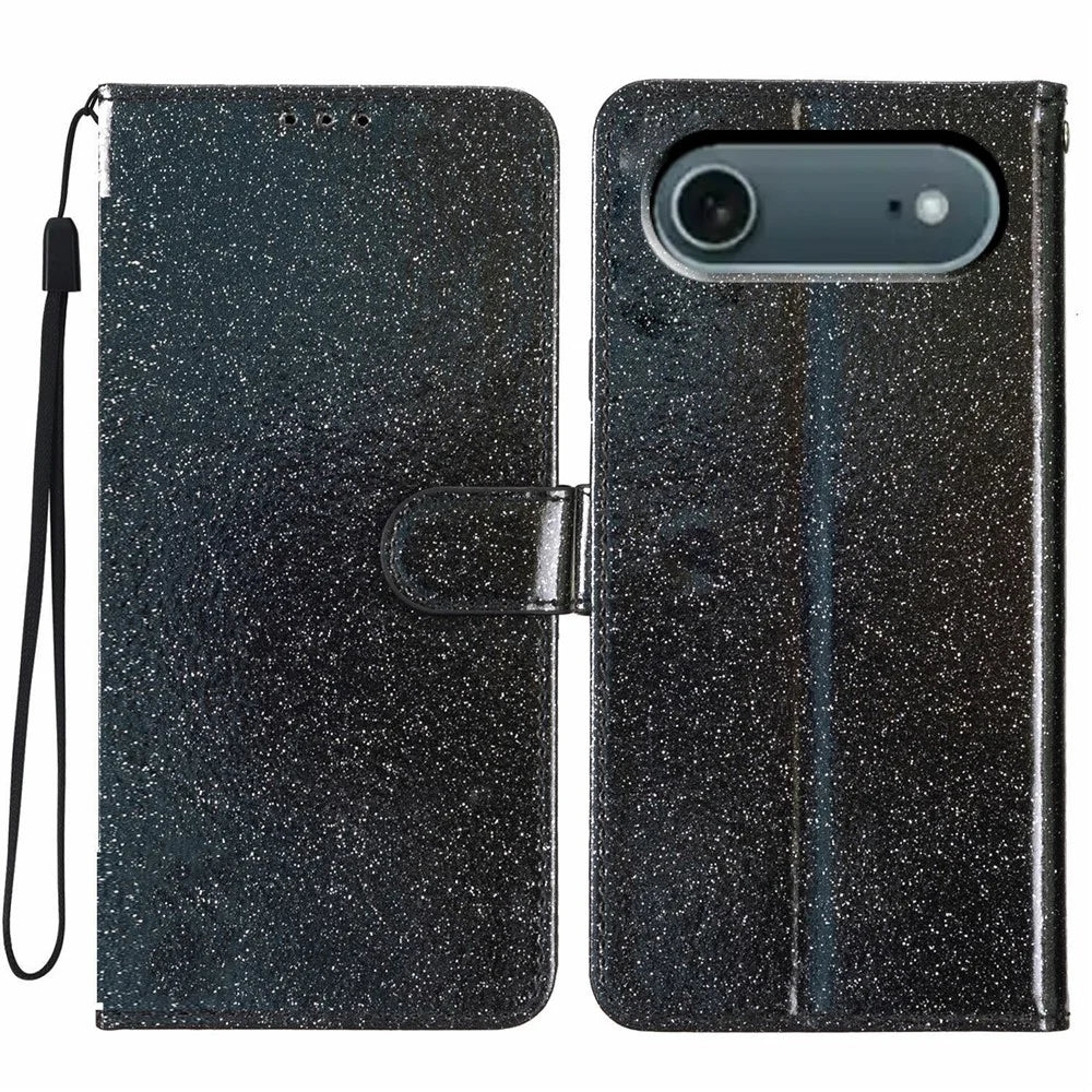 For iPhone Air Wallet Case Glitter Anti-Scratch Leather Stand Phone Cover with Strap - Black - 1