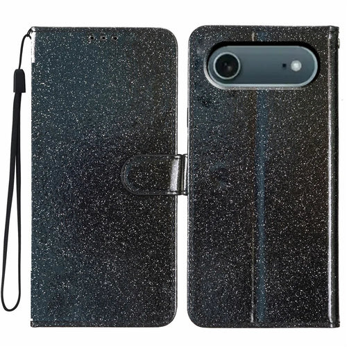 For iPhone Air Wallet Case Glitter Anti-Scratch Leather Stand Phone Cover with Strap - Black - 1