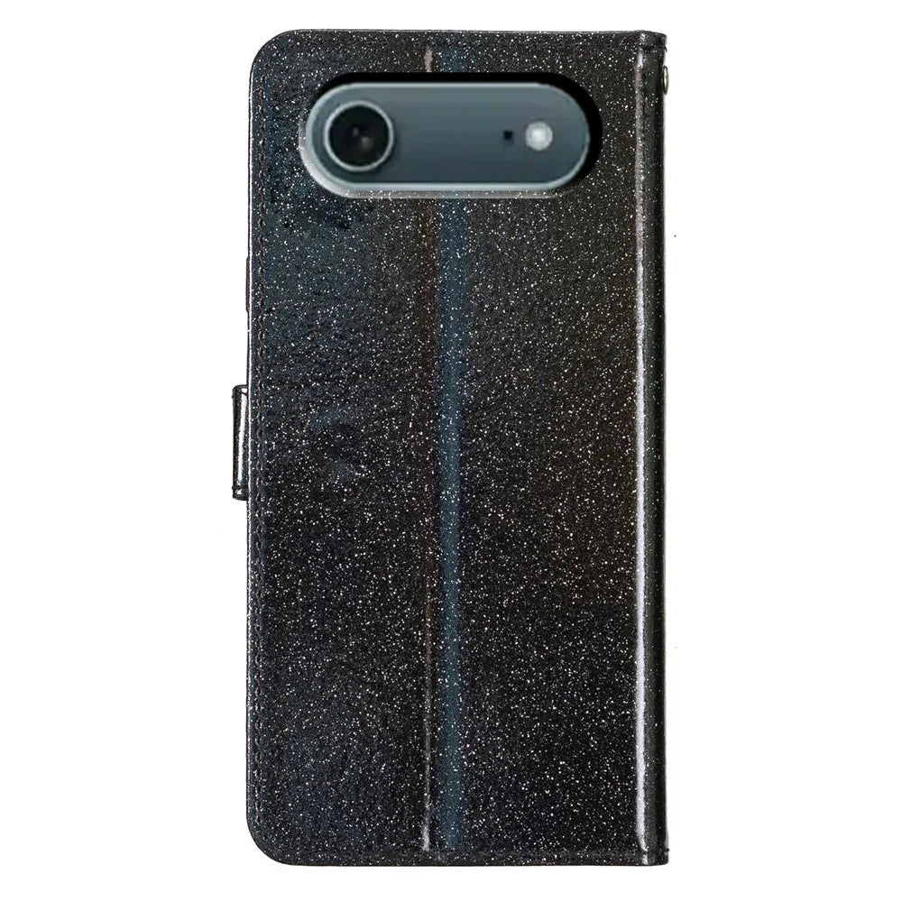 For iPhone Air Wallet Case Glitter Anti-Scratch Leather Stand Phone Cover with Strap - Black - 6